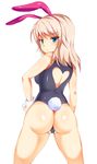  absurdres animal_ears ass bad_id bad_pixiv_id blonde_hair blush bunny_ears bunnysuit heart_cutout highres karaage_teishoku_(regret1994) leotard long_hair looking_at_viewer looking_back one-piece_thong original shiny shiny_skin solo thong_leotard white_background wrist_cuffs 