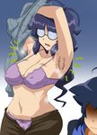  1girl ahoge antenna_hair armpit_hair armpits bra breasts coke-bottle_glasses danball_senki danball_senki_w glasses large_breasts makino_tomoyasu mature mother_and_son navel no_eyes oozora_haruka_(danball_senki) oozora_hiro open_pants panties pubic_hair shaded_face shirt_lift smell sweat underwear wavy_mouth 