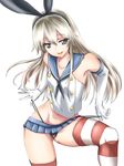  animal_ears bare_shoulders bunny_ears elbow_gloves fake_animal_ears gloves ishii_hisao kantai_collection long_hair navel panties panty_lift shimakaze_(kantai_collection) simple_background skirt solo string_panties striped striped_legwear thighhighs thong underwear wedgie white_background 