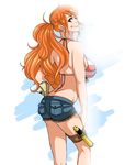 1girl ass bikini_top blueskiies breasts butt_crack highres large_breasts long_hair map nami nami_(one_piece) one_piece orange_hair ponytail shorts smile solo spyglass 