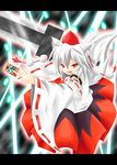  animal_ears baia detached_sleeves hat highres inubashiri_momiji open_mouth red_eyes short_hair solo spell_card sword tail tokin_hat touhou weapon white_hair wolf_ears wolf_tail 