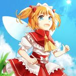  ascot bad_id bad_pixiv_id blonde_hair blue_eyes capelet cloud day fairy_wings fang maid_headdress migihidari_(puwako) obi open_mouth puffy_sleeves sash shirt short_sleeves skirt smile solo sun sunny_milk touhou twintails wings 