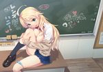  :p ahoge ai_ai_gasa areolae blonde_hair blue_panties blush breasts breasts_outside cardigan chalk chalkboard green_eyes heart hoshii_miki idolmaster idolmaster_(classic) large_breasts leg_up legs long_hair looking_at_viewer maru_(sara_duke) nail_polish off_shoulder open_clothes open_shirt panties panties_around_one_leg pussy_juice revision school_uniform shirt shoes skirt smile socks solo tongue tongue_out translation_request underwear 