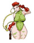  ahoge beret blonde_hair blue_eyes bottle braid breasts cammy_white covered_navel covered_nipples cowboy_shot cropped_legs curvy fingerless_gloves gloves green_leotard hat huge_ahoge johnrokk large_breasts leotard long_hair salute scar solo street_fighter thick_thighs thighs twin_braids wide_hips 