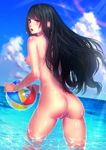  ass bad_id bad_pixiv_id ball beachball black_hair blue_eyes blush breasts cloud day long_hair looking_back medium_breasts nipples nude ocean open_mouth original sky solo summer tani_(aki2672) water wet 