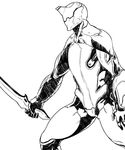  excalibur_(warframe) greyscale helmet monochrome no_humans sketch solo sword tsukudani_(coke-buta) warframe weapon 