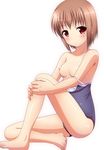  bad_id bad_pixiv_id barefoot blush breasts brown_eyes brown_hair competition_school_swimsuit eyebrows_visible_through_hair feet full_body highres ki_(kk-sk-ray) looking_at_viewer nipples one-piece_swimsuit original school_swimsuit short_hair simple_background sitting small_breasts solo swimsuit swimsuit_pull white_background 