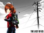  backpack bag blush brown_hair child denim ellie_(the_last_of_us) fenrixion green_eyes gun highres jeans long_hair pants ponytail power_lines rifle scope shirt sniper_rifle solo t-shirt telephone_pole the_last_of_us weapon 