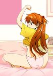  absurdres arm_up barefoot bed black_eyes breasts dressing highres indian_style long_hair looking_back medium_breasts mizumori_omizu neon_genesis_evangelion no_bra no_pants orange_hair panties sitting solo souryuu_asuka_langley underboob underwear 