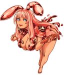  1girl animal_ears barefoot bent_over blue_eyes blush breast_grab breasts bunny_ears carrot cleavage drawfag goo_girl grabbing hanging_breasts large_breasts lipstick long_hair makeup melona monster_girl pink_hair prehensile_hair queen's_blade slime smile solo 