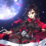  alternate_breast_size black_hair breasts cape crescent_rose cross fi-san full_moon highres medium_breasts moon open_mouth pantyhose petals rose_petals ruby_rose rwby scythe short_hair skirt snow solo weapon 