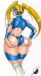  1girl ass blonde_hair breasts capcom highres huge_ass large_breasts looking_back osmar-shotgun rainbow_mika solo street_fighter street_fighter_zero twintails white_background 