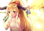  absurdres alternate_hairstyle blonde_hair blush bow breasts can collarbone hair_bow highres horn_ribbon horns huangquan_dong_(sinchi) ibuki_suika long_hair looking_at_viewer nipples nude open_mouth ponytail ribbon small_breasts solo tongue touhou towel very_long_hair yellow_eyes 