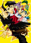  2boys aipom aoi_(15-18) baseball_cap black_hair blue_hair chikorita crystal_(pokemon) gen_2_pokemon gold_(pokemon) hat multiple_boys murkrow pokemon pokemon_(creature) pokemon_(game) pokemon_gsc pokemon_special red_hair silver_(pokemon) 