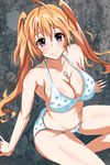  8000 ahoge bangs bikini blonde_hair blush breasts cleavage cross high_school_dxd highres jewelry large_breasts long_hair looking_at_viewer pendant purple_eyes shidou_irina sitting smile solo swimsuit tranquilizer_(bestcenter) twintails 