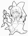  bow detached_sleeves gohei greyscale hair_bow hair_tubes hakurei_reimu lineart looking_at_viewer monochrome open_mouth shiropuni smile solo touhou 