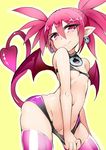  bat_wings choker covered_nipples demon_girl demon_tail disgaea disgaea_d2 earrings etna flat_chest highres jewelry makai_senki_disgaea nac000 panties panty_pull petite pink_eyes pink_hair pink_legwear pointy_ears pussy red_eyes red_hair short_hair solo tail thighhighs twintails underwear wings yellow_background 