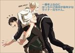  2boys ? annie_leonhardt bertolt_hoover blonde_hair brown_hair carrying check_translation closed_eyes flying_sweatdrops hair_bun hood hoodie multiple_boys natuichi-7212 open_mouth over_shoulder reiner_braun shingeki_no_kyojin shoulder_carry sleeves_rolled_up smile translation_request 