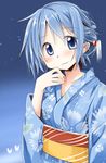  blue_eyes blue_hair blush highres japanese_clothes kimono mahou_shoujo_madoka_magica miki_sayaka night short_hair smile solo star_(sky) u_u_(mooooooou) 