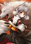  animal_ears autumn_leaves blush chain detached_sleeves hat inubashiri_momiji japanese_clothes katana kei_kei kourindou_tengu_costume leaf looking_at_viewer maple_leaf ready_to_draw red_eyes short_hair silver_hair solo sword tail tokin_hat touhou weapon wolf wolf_ears wolf_tail yellow_eyes 