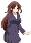  blazer blush brown_hair jacket long_hair mizuhara_hayari nonohachi red_eyes saki skirt smile solo two_side_up v 