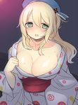  atago_(kantai_collection) bad_id bad_pixiv_id blonde_hair blue_hat blush breasts cleavage green_eyes hat japanese_clothes kantai_collection kimono large_breasts long_hair looking_at_viewer nekoume off_shoulder open_mouth smile solo sweat yukata 