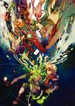  abstract armor bird blonde_hair blue_eyes book bug chain cube dragonfly english falling fingerless_gloves full_body gloves highres insect key knee_pads magic mebu monado mushroom open_mouth outstretched_arms paper pigeon shulk sword tongue vest weapon xenoblade_(series) xenoblade_1 