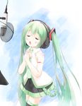  bad_id bad_pixiv_id blush closed_eyes green_eyes green_hair hands_on_own_chest hatsune_miku headphones long_hair microphone mode_(mode-n) music necktie open_mouth singing skirt solo thighhighs twintails very_long_hair vocaloid vocaloid_(lat-type_ver) 