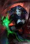  armor black_hair breasts claws fire gauntlets green_fire long_hair magic medium_breasts original solo staff truelion 