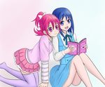  :d aida_mana all_fours bare_legs blue_eyes blue_hair book braid dokidoki!_precure half_updo highres hishikawa_rikka leaning long_hair multiple_girls open_mouth pink_eyes pink_hair precure reading short_hair simple_background sitting smile thighhighs yukikan 