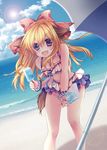  :d animal_ears bad_id bad_pixiv_id beach bent_over bikini blonde_hair blue_sky blush bow bracelet breasts cleavage cloud commentary day dog_ears dog_tail dutch_angle food frilled_bikini frills hair_bow highres jewelry lens_flare long_hair looking_at_viewer medium_breasts mikazuki_sara necklace ocean open_mouth original outdoors parasol pendant pink_bikini pink_eyes popsicle purple_bikini sky smile solo sun swimsuit tail umbrella 