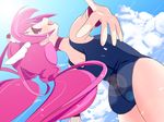  ass back choker cloud cure_happy day earrings g-mero head_wings highres hoshizora_miyuki jewelry long_hair looking_back magical_girl one-piece_swimsuit outstretched_arms pink_choker pink_eyes pink_hair precure school_swimsuit sky smile_precure! solo sunlight swimsuit tiara twintails 