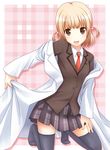  aiura black_legwear blazer blush brown_eyes brown_hair eyebrows_visible_through_hair hair_ribbon highres jacket ki_(kk-sk-ray) labcoat necktie open_mouth ribbon school_uniform short_hair skirt smile solo thighhighs wakatsuki_misuzu 