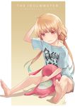  bad_id bad_pixiv_id barefoot brown_hair clothes_writing copyright_name feet foreshortening futaba_anzu hand_on_own_head idolmaster idolmaster_cinderella_girls long_hair looking_at_viewer naked_shirt outside_border pink_eyes re_lucy shirt short_sleeves signature sitting soles solo stuffed_animal stuffed_bunny stuffed_toy t-shirt twintails very_long_hair you_work_you_lose 