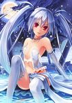  bare_shoulders blue_hair blush breasts elbow_gloves fang full_moon gloves hair_ribbon long_hair looking_at_viewer moon original panties red_eyes ribbon sitting small_breasts smile solo thighhighs twintails underwear vampire water white_legwear wings yukichin 