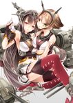  2girls asymmetrical_docking breast_press breasts brown_hair green_eyes hair_ornament kantai_collection large_breasts machinery midriff multiple_girls mutsu_(kantai_collection) nagato_(kantai_collection) navel red_eyes tears turret 