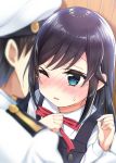  1boy 1girl admiral_(kantai_collection) asashio_(kantai_collection) bangs black_dress black_hair blue_eyes blush collared_shirt commentary_request dress eyebrows_visible_through_hair fingernails hands_up hat jacket k_hiro kantai_collection long_hair long_sleeves military_hat military_jacket nose_blush one_eye_closed parted_lips peaked_cap pinafore_dress remodel_(kantai_collection) shirt sleeveless sleeveless_dress sweat white_hat white_jacket white_shirt wooden_wall 