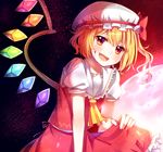  ascot blonde_hair blood blood_on_face blush bow fang flandre_scarlet hat hat_bow moe_on_drop open_mouth red_eyes short_hair side_ponytail single_wing skirt skirt_set solo touhou wings 