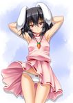  animal_ears armpits arms_up black_hair bow bow_panties bunny_ears carrot carrot_necklace dress inaba_tewi jewelry looking_at_viewer necklace panties pantyshot pantyshot_(standing) pendant red_eyes roura short_hair sleeveless sleeveless_dress solo standing touhou underwear white_panties 