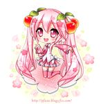  artist_name character_name cherry chibi detached_sleeves food fruit hatsune_miku kneeling long_hair necktie open_mouth outstretched_arm pink_eyes pink_hair platinum_fantasia sakura_miku skirt solo thighhighs twintails very_long_hair vocaloid 