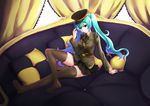  absurdres aqua_eyes aqua_hair arm_support belt crossed_legs cushion hat hatsune_miku highres long_hair looking_at_viewer military military_hat military_uniform necktie onceskylark peaked_cap sitting skirt solo soviet_union thighhighs twintails uniform vocaloid 