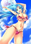  :d armpits arms_up ayuhara_hiiro bad_id bad_pixiv_id bikini blue_hair breasts cloud cloudy_sky day dice elf green_eyes highres huge_breasts long_hair looking_at_viewer micro_bikini open_mouth original pink_bikini pointy_ears sky smile solo swimsuit wet 