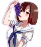  blush brown_eyes brown_hair eating food fruit glasses grapes hiyo_kotori saki shibuya_takami shiraitodai_school_uniform short_hair 