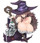  angelo_(gomahangetsu) breasts cleavage dragon's_crown frog hat highres huge_breasts long_hair red_eyes red_hair skeleton solo sorceress_(dragon's_crown) witch_hat 