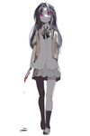  aoba_moyuri blood bloody_weapon bow braid full_body highres knife loafers long_hair monochrome ore_ga_ikiru_imi pink_eyes school_uniform shirabi shoes simple_background sketch skirt socks solo spot_color sweater_vest walking weapon white_background yandere 