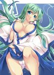  areolae blue_eyes blush breasts cleavage green_hair highres kochiya_sanae large_breasts long_hair no_bra open_clothes open_shirt panties sesield shirt smile solo touhou underwear white_panties 