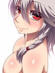  braid breasts closed_mouth face hayashi_custom highres izayoi_sakuya lips looking_at_viewer medium_breasts nude red_eyes silver_hair simple_background smile solo touhou upper_body white_background 