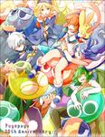  4girls anniversary arle_nadja blob blonde_hair blue_eyes blue_hair blue_headband boots brown_hair carbuncle_(puyopuyo) copyright_name creature draco_centauros gloves green_eyes green_hair half_updo hat long_hair madou_monogatari multiple_boys multiple_girls nakatoe pants pointy_ears puyo_(puyopuyo) puyopuyo rulue_(puyopuyo) satan_(puyopuyo) schezo_wegey see-through short_hair skirt suketoudara surprised sweat sword tongue weapon white_hair witch_(puyopuyo) yellow_eyes 