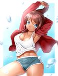  armpits arms_up asahina_aoi blue_eyes breasts brown_hair cleavage danganronpa danganronpa_1 dark_skin hair_ornament hairclip jacket large_breasts midriff navel onsoku_maru ponytail shorts smile solo tank_top track_jacket water 