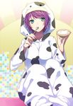  animal_costume animal_print blue_eyes bowl cow_costume cow_print curry_gohan monogatari_(series) purple_hair senjougahara_hitagi short_hair solo spoon 